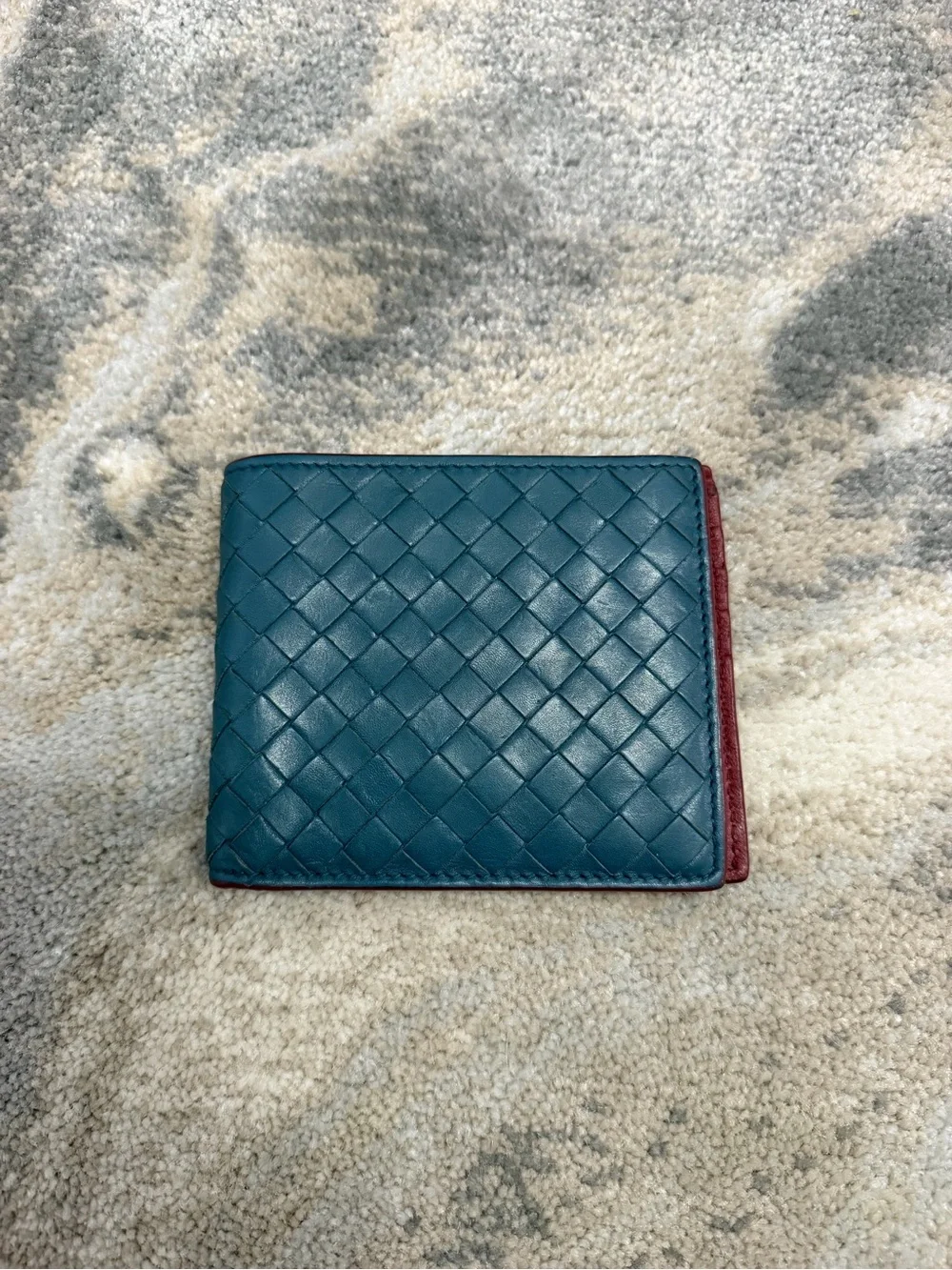Bottega Veneta Mens Bifold Wallet in Teal with Burgundy Trim